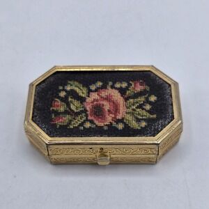 Vintage Pill Box Trinket Box Avon Unforgettable Needlepoint Design 1" x 1.75"